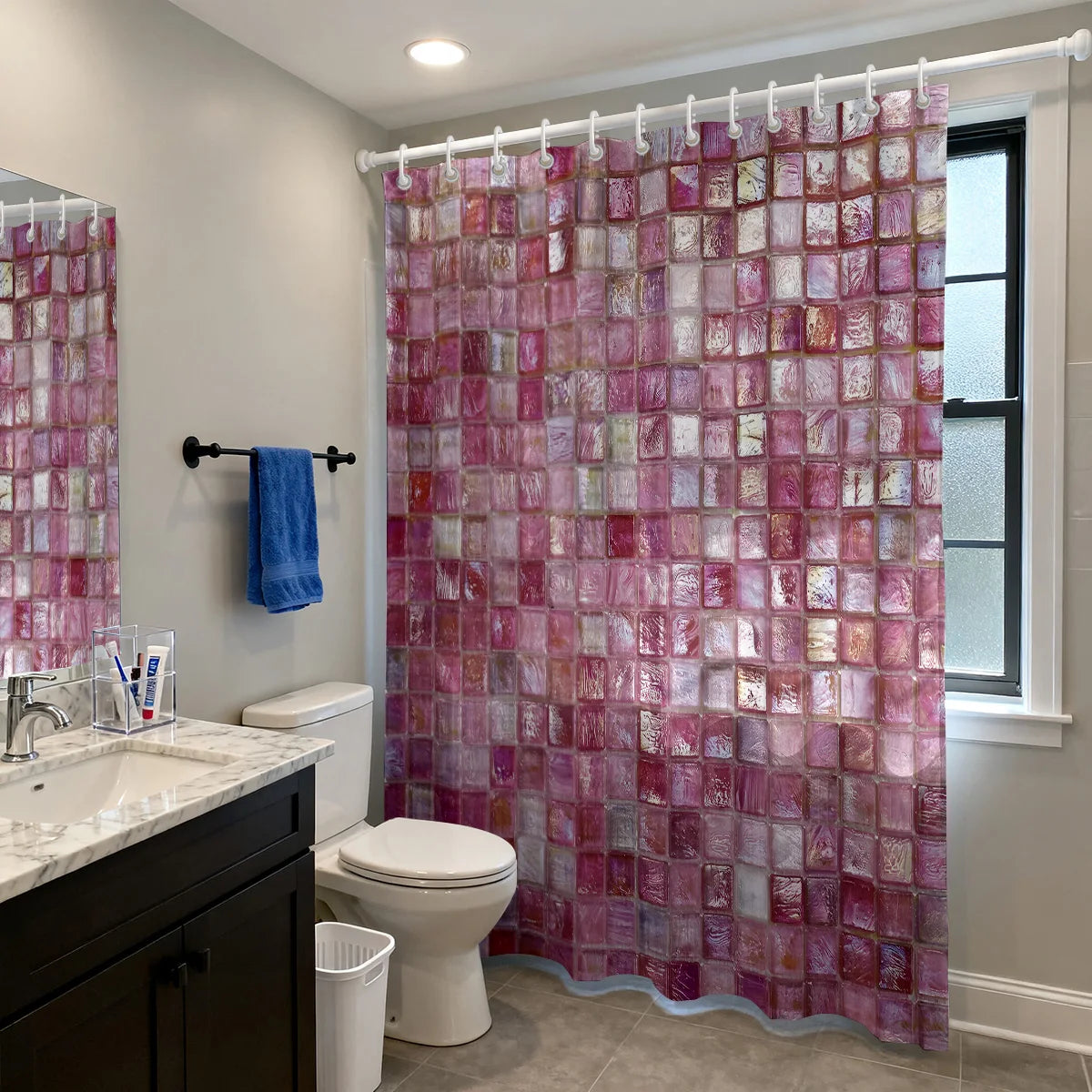 1pc pink ice block imitation simple printing waterproof partition privacy hanging curtain with 12 hooks, multiple sizes