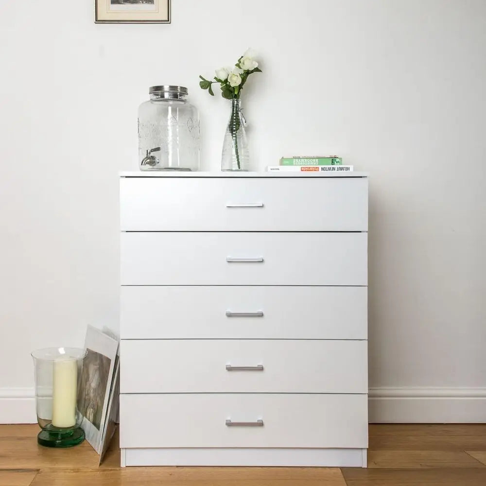 5-Drawer White Bedroom Chest with Anti-Bow Support and Clothes Organizer