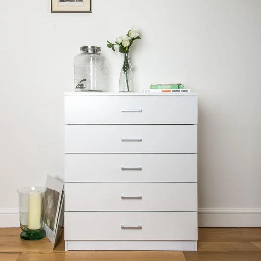 5-Drawer White Bedroom Chest with Anti-Bow Support and Clothes Organizer