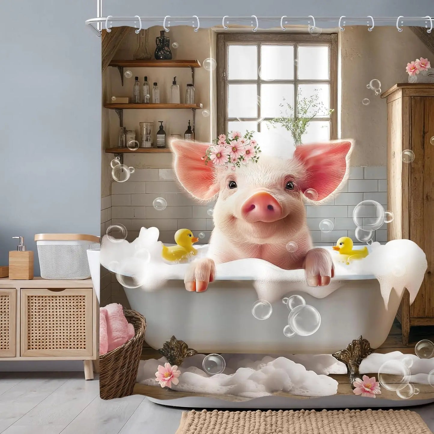 Funny Pig Shower Curtain Farmhouse Rustic Farm Animal in Bathtub Cute Western Country Shower Curtain Bathroom Set Pink Floral