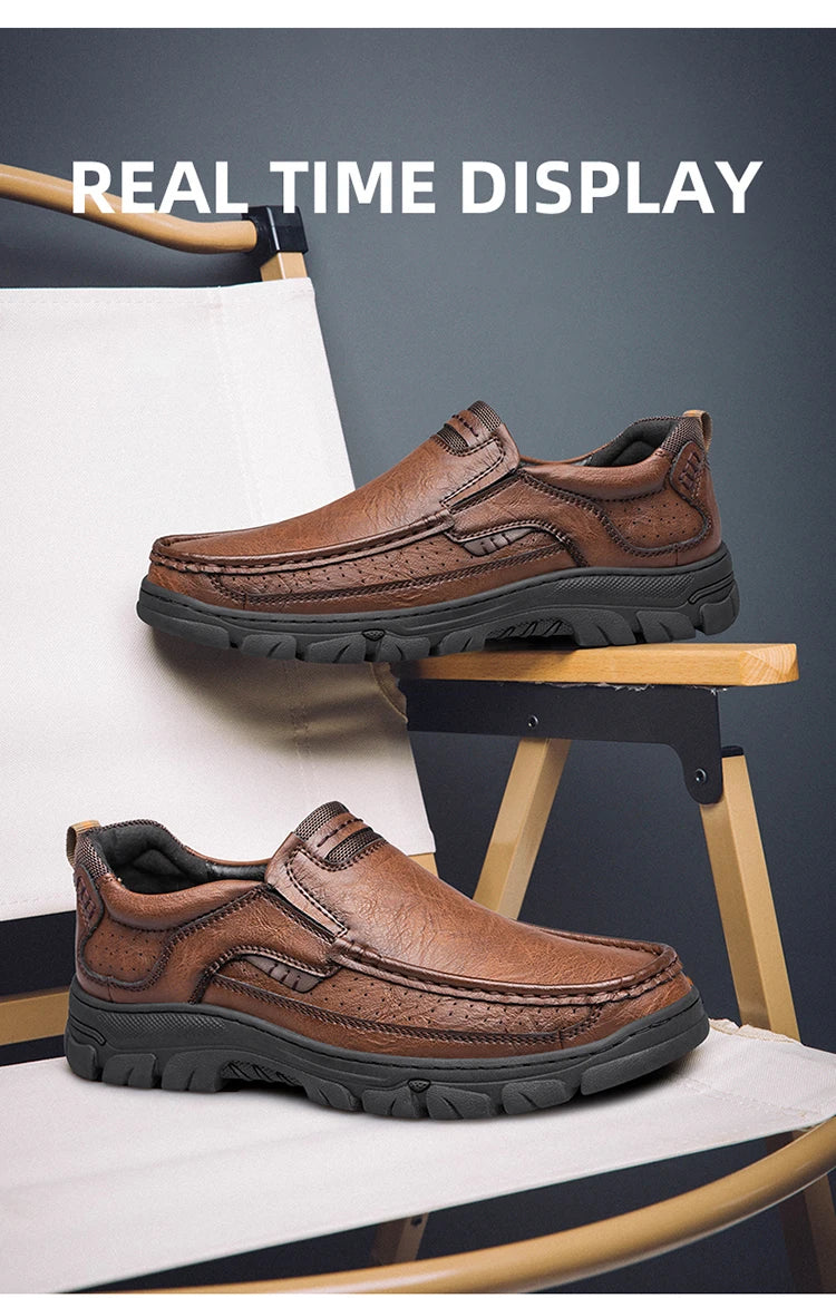CLOHOOMen's Casual Loafers Handmade Breathable Leather Shoes with Thick Rubber Sole Comfortable Footwear Classic Hand Sewn Seams
