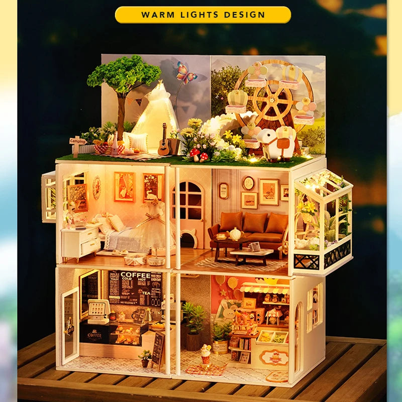 DIY Wooden Miniature Doll House Small House Kit 3D Puzzle Assembly Building Kits With Furniture LED Dollhouse Toys For Gifts