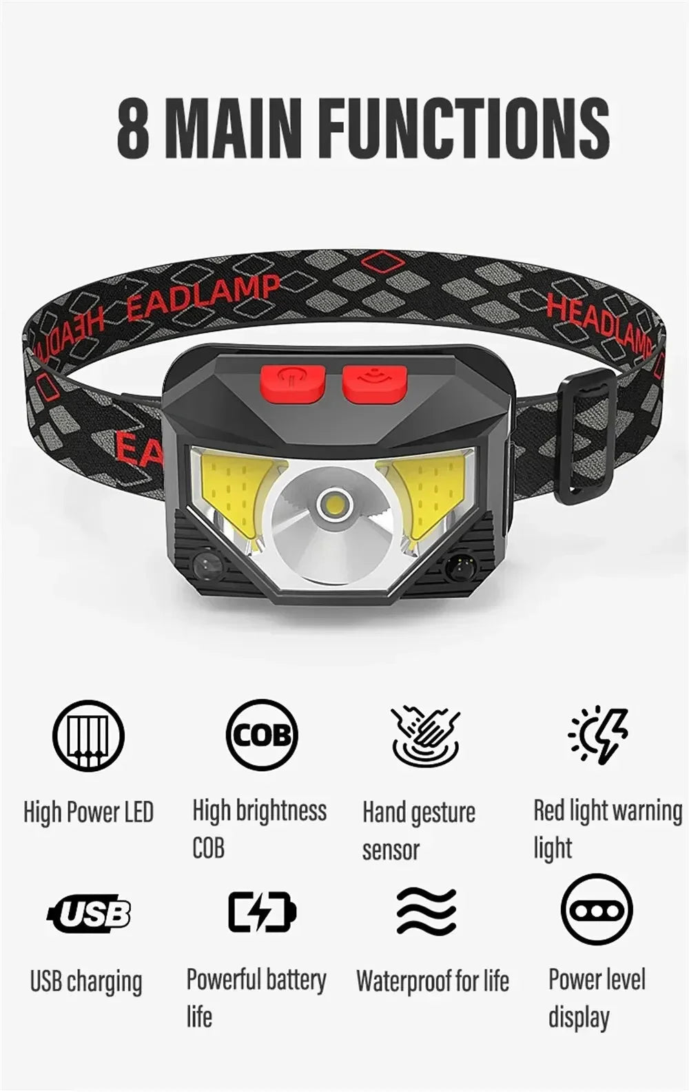 1-3PCS Rechargeable LED Headlamp Sensor Headlight With COB and LED Beads 8 Lighting Modes White and Red Light Fishing Light