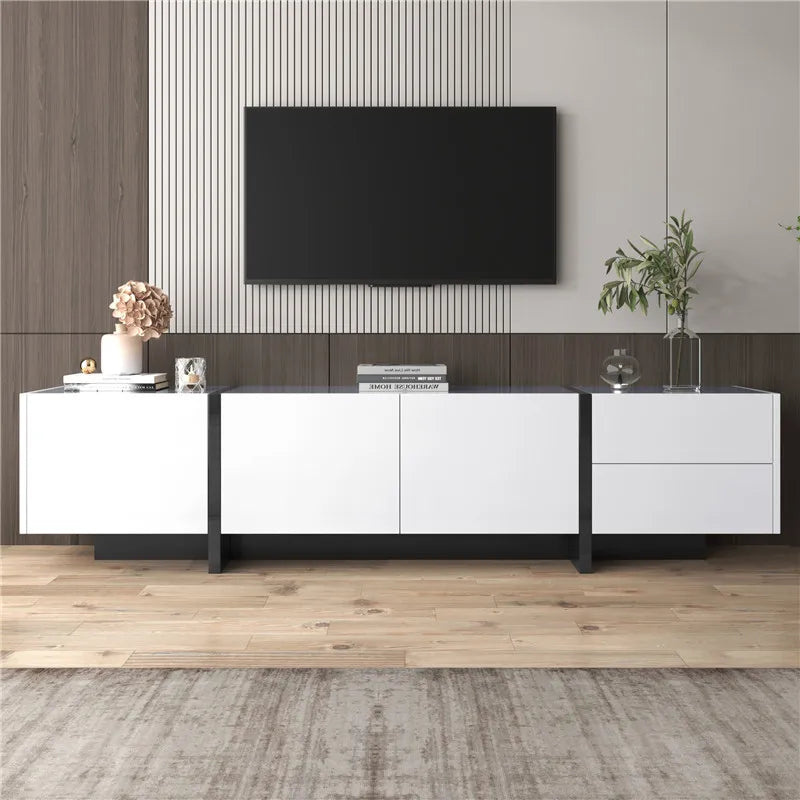 190x45x35cm High-Gloss White & Black TV Stand, Low Cabinet with Doors (Built-in Shelves) & Drawers, Contrast Black Legs Minimali