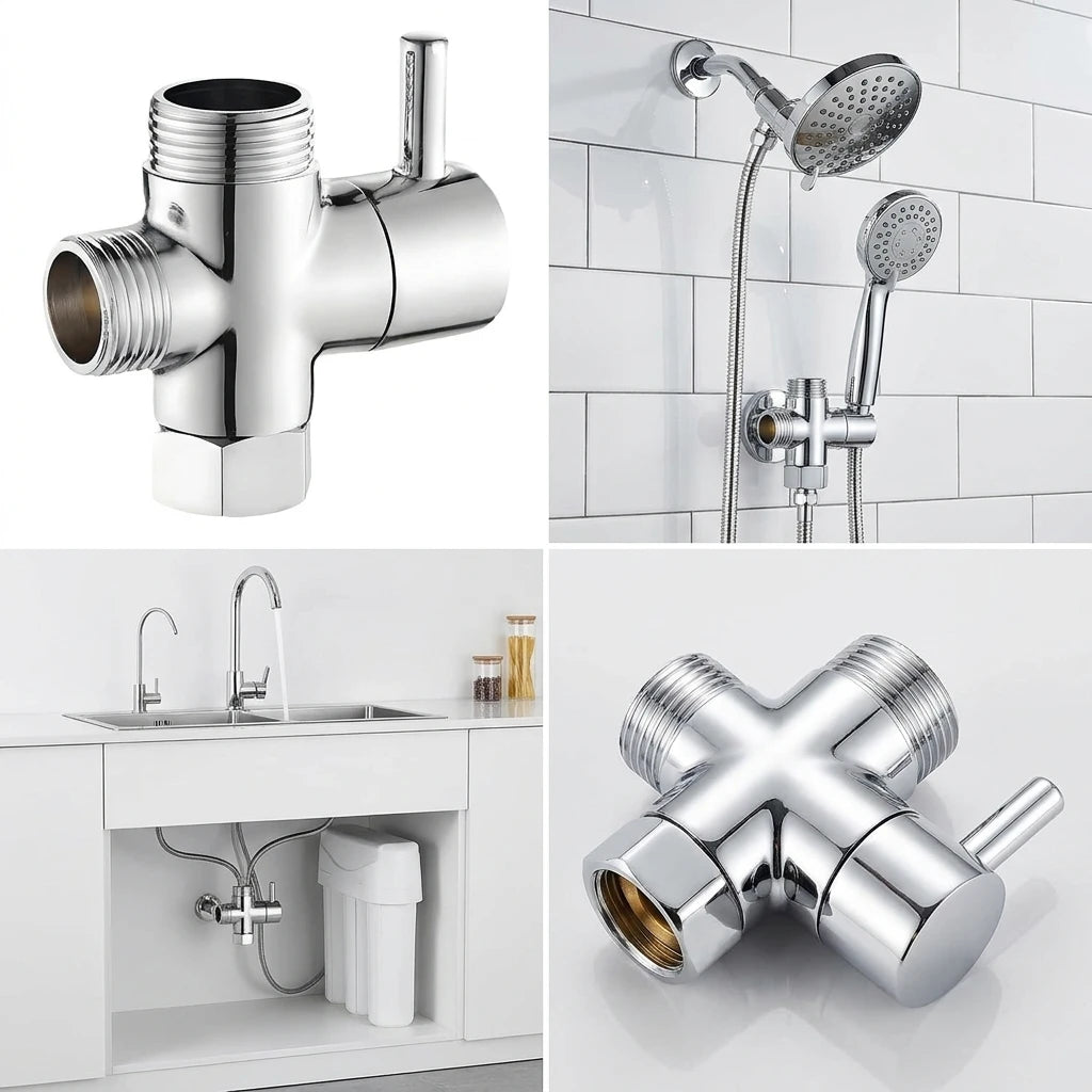Three-Way T-Type Shower Diverter Valve G1/2 Inch Brass Faucet Connector Bathroom Water Diverters Adapter for Shower