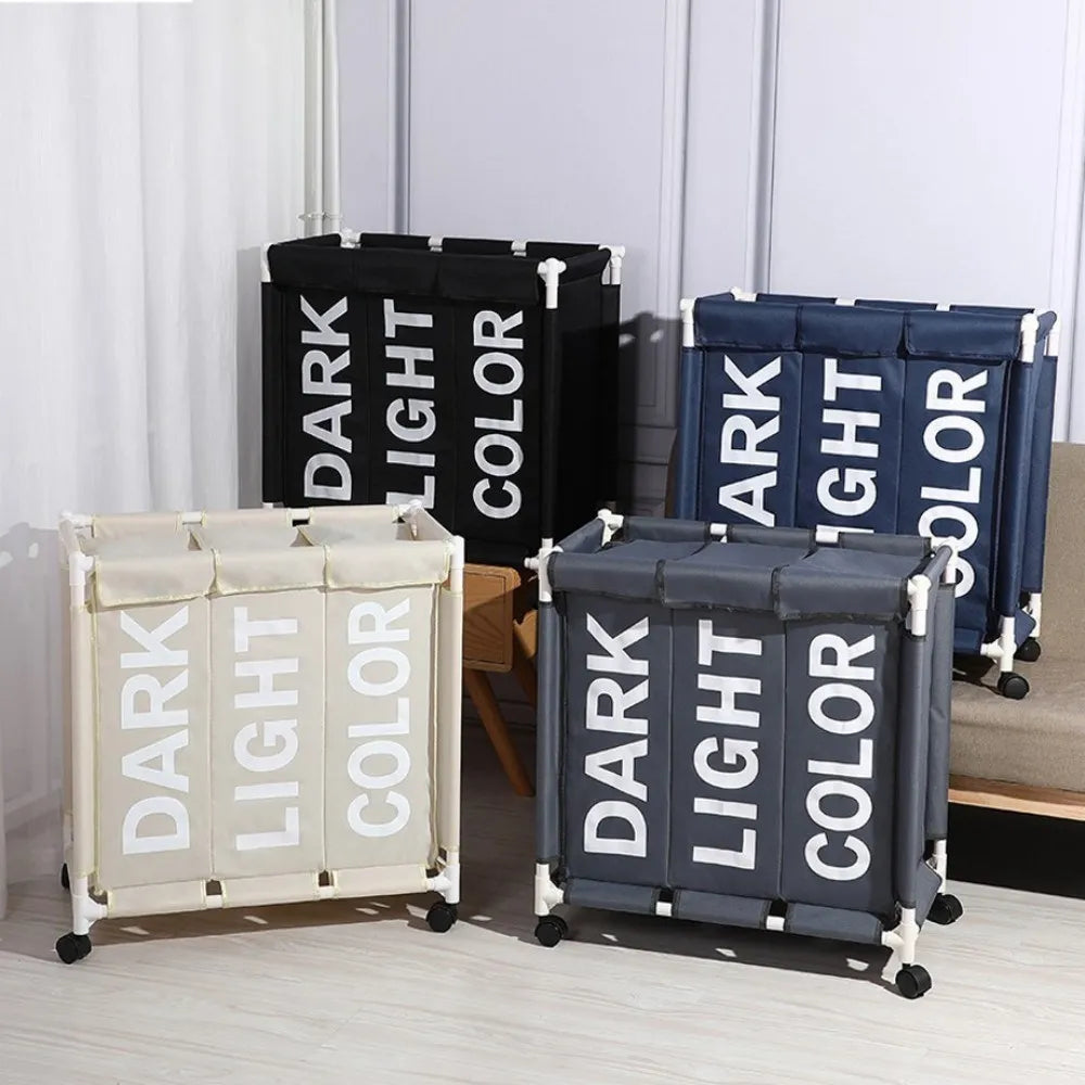Rolling Laundry Basket Organizer 3 Grid Large Laundry Hamper Bin Waterproof Laundry Bags For Dirty Clothes Storage Box On Wheels