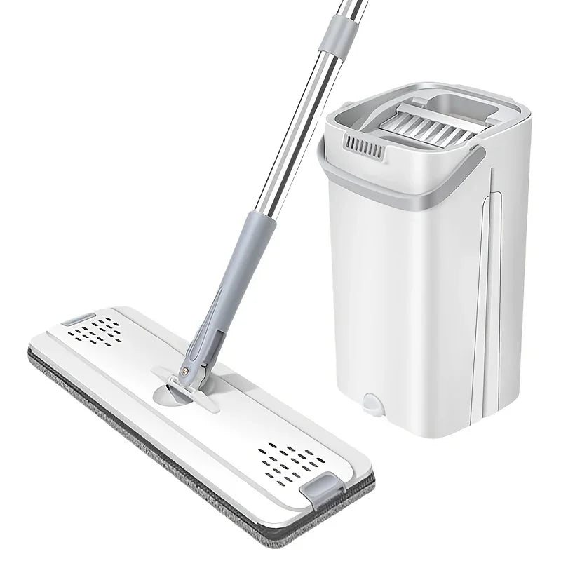 Hands-Free Squeeze Flat Mop and Bucket Set 33cm Large Self-Wringing Floor Cleaning Tool Dry Wet 360 Spin with 4 Pads Home