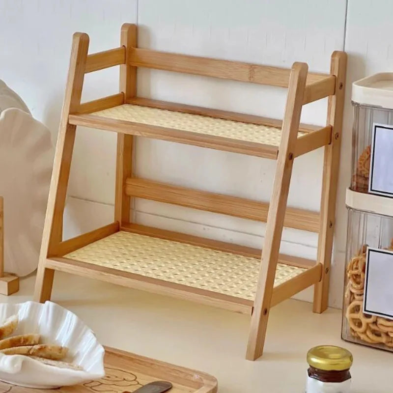 Double-layer Bamboo Storage Rack Desktop Organizer Multi-functional Miscellaneous Shelf Home Kitchen Bedroom Countertop Use