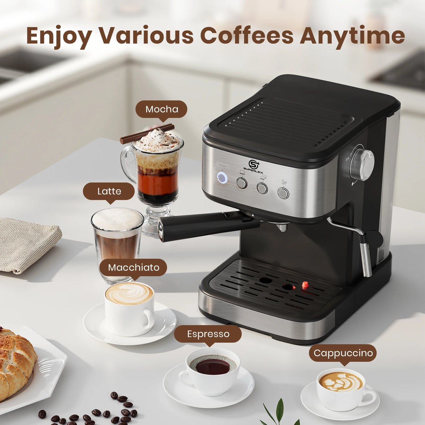 SUPERLEX Semi Automatic Italian Coffee Machine 1100W Pressure High-pressure Extraction and Milk Froth Two in One Coffee Machine