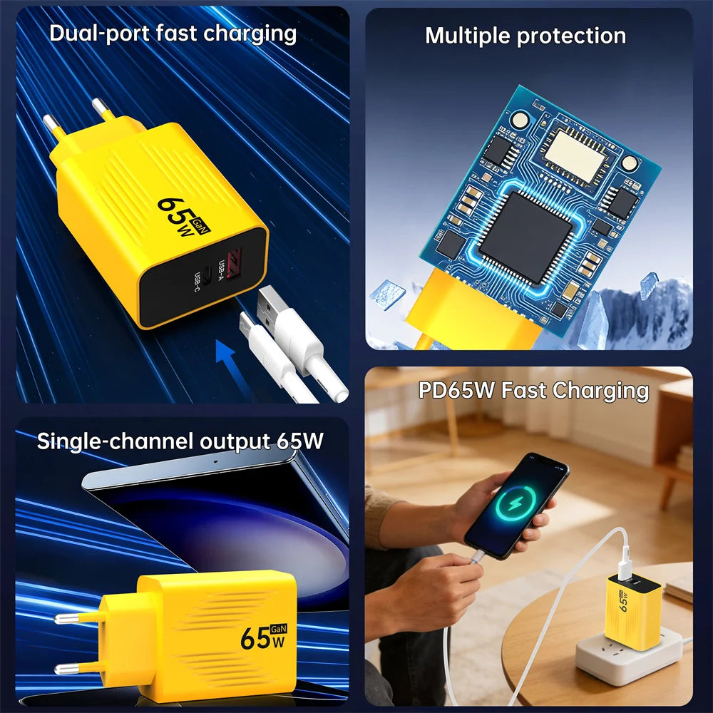 65W GaN USB C Fast Charger PD QC 3.0 Travel Wall Adapter with UK US EU Plug for iPhone Samsung Xiaomi Huawei Mobile Phone