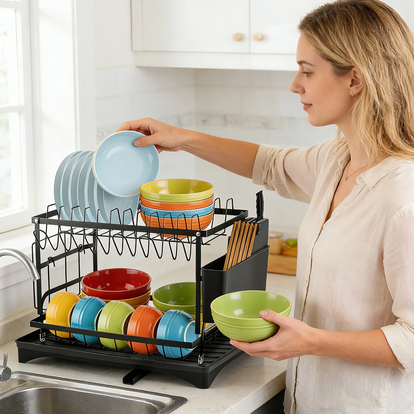 2 Tier Dishes drainer rack, kitchen Metal dishes drain rack with Drainboard, tableware tray drainer storage rack, kitchen organizer, 44x31x30cm, black