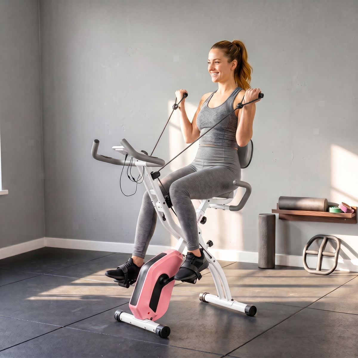 SPORTNOW 4-In-1 Folding Exercise Bike with Resistance Bands, Bluetooth App, 8-Level Magnetic Resistance, LCD Display, Pink