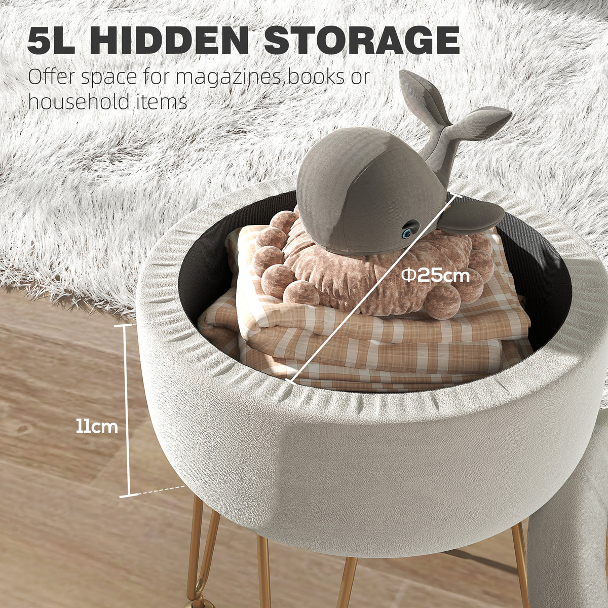 HOMCOM 5L Velvet-Feel Storage Ottoman - Cream White