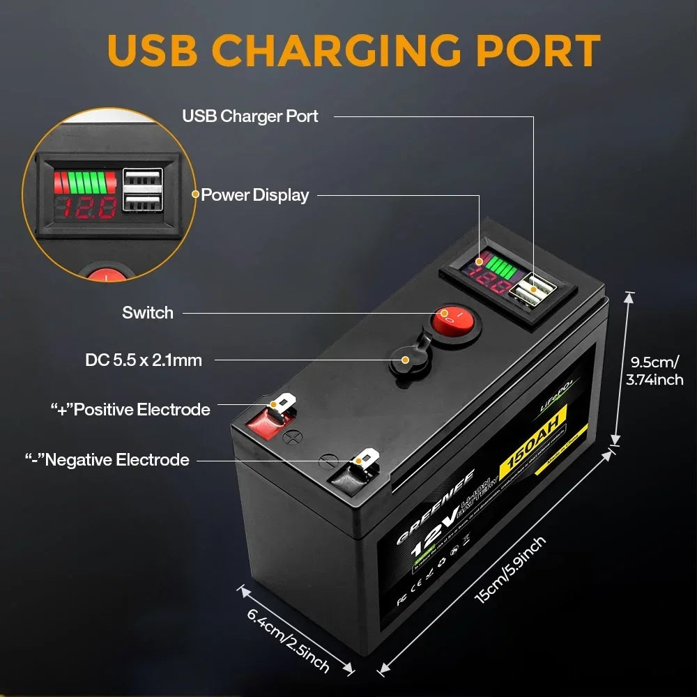 12V 150Ah Lithium LiFePO4 Deep Cycle Battery, 4000+ Cycles Rechargeable Battery, Lithium Iron Phosphate for Solar/Wind Power