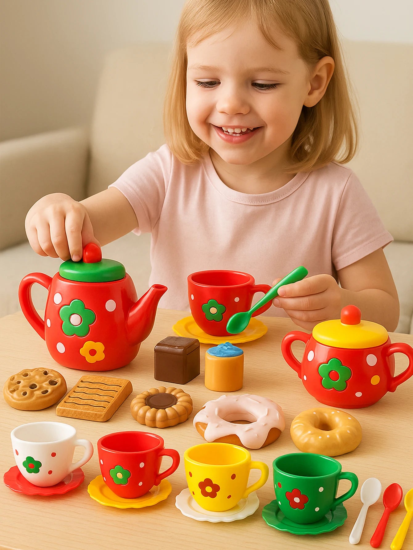 Afternoon Tea Set, 24Pcs of Girls' Playhouse Tea Set, Children's Kitchen Toy Set Party Dress-Up Toy, Donut, Cake