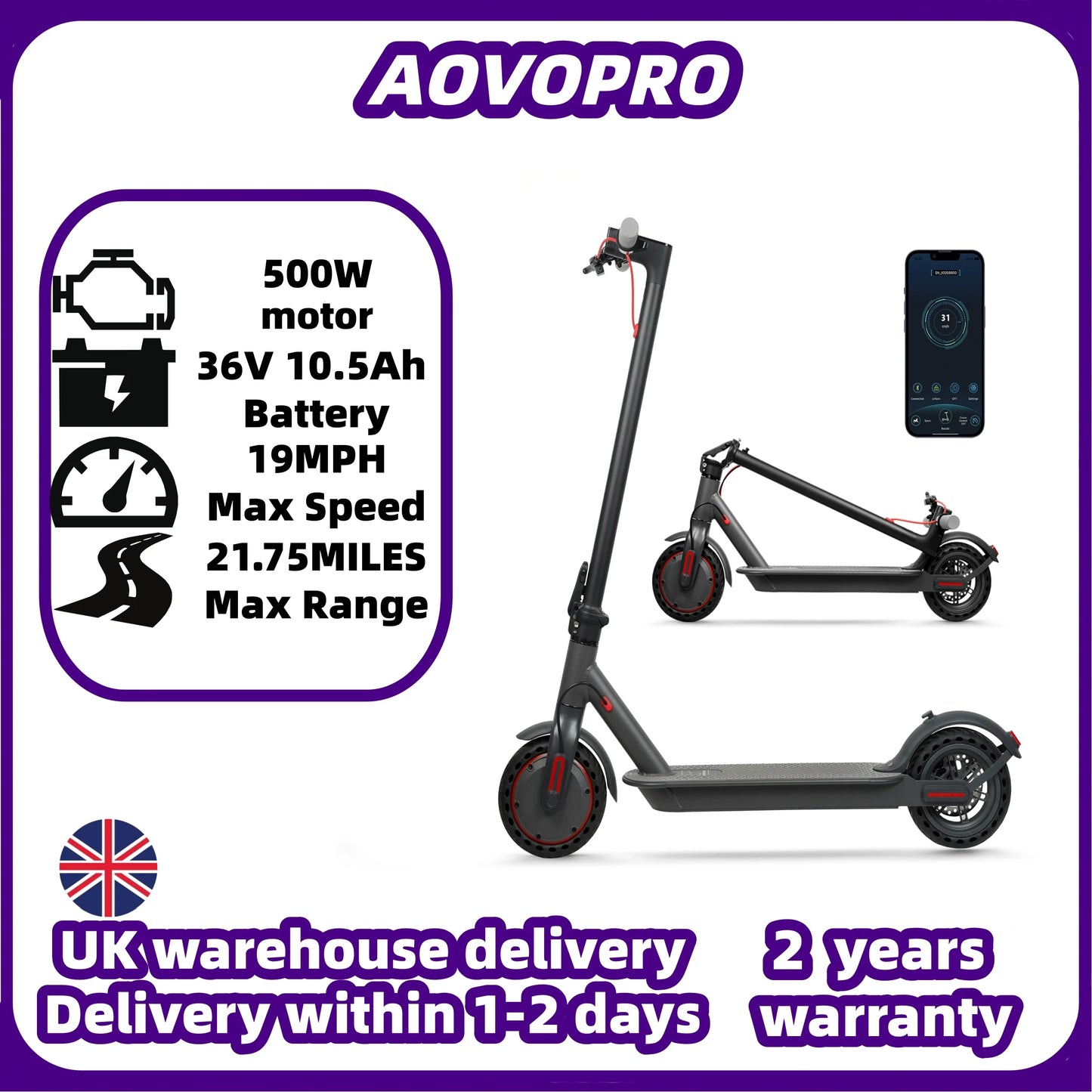 AOVOPRO Electric Scooter Top Speed: 19 Mph Range: 21.75 Miles Peak Power: 350W Suitable For Adults Foldable Electric Scooter