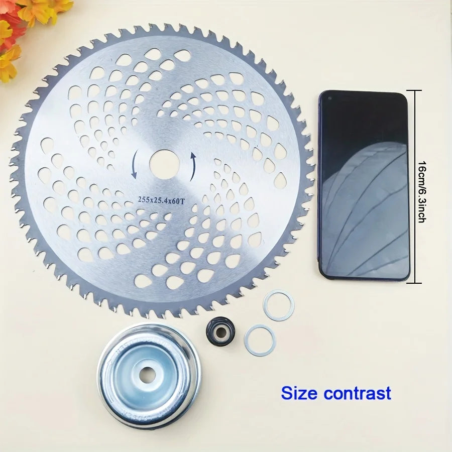 1Pc 10-Inch 60-Tooth Circular Grass Cutting Blade with 4 Accessories, Hardened Blade Head for Durability, Can Quickly Clear Large Areas of Grass, Quickly Cut Thick Branches, Suitable for Garden and Lawn Maintenance, Trimming