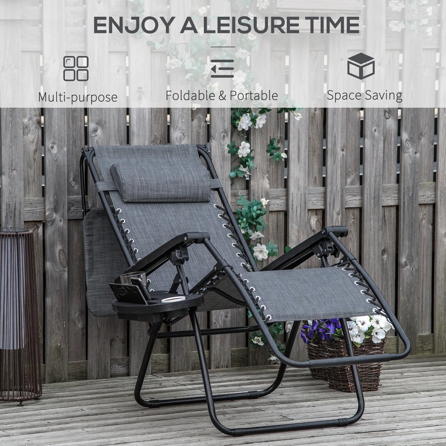 Outsunny Foldable Reclining Garden Chair with Headrest, Zero Gravity Deck Sun Lounger Seat Chair