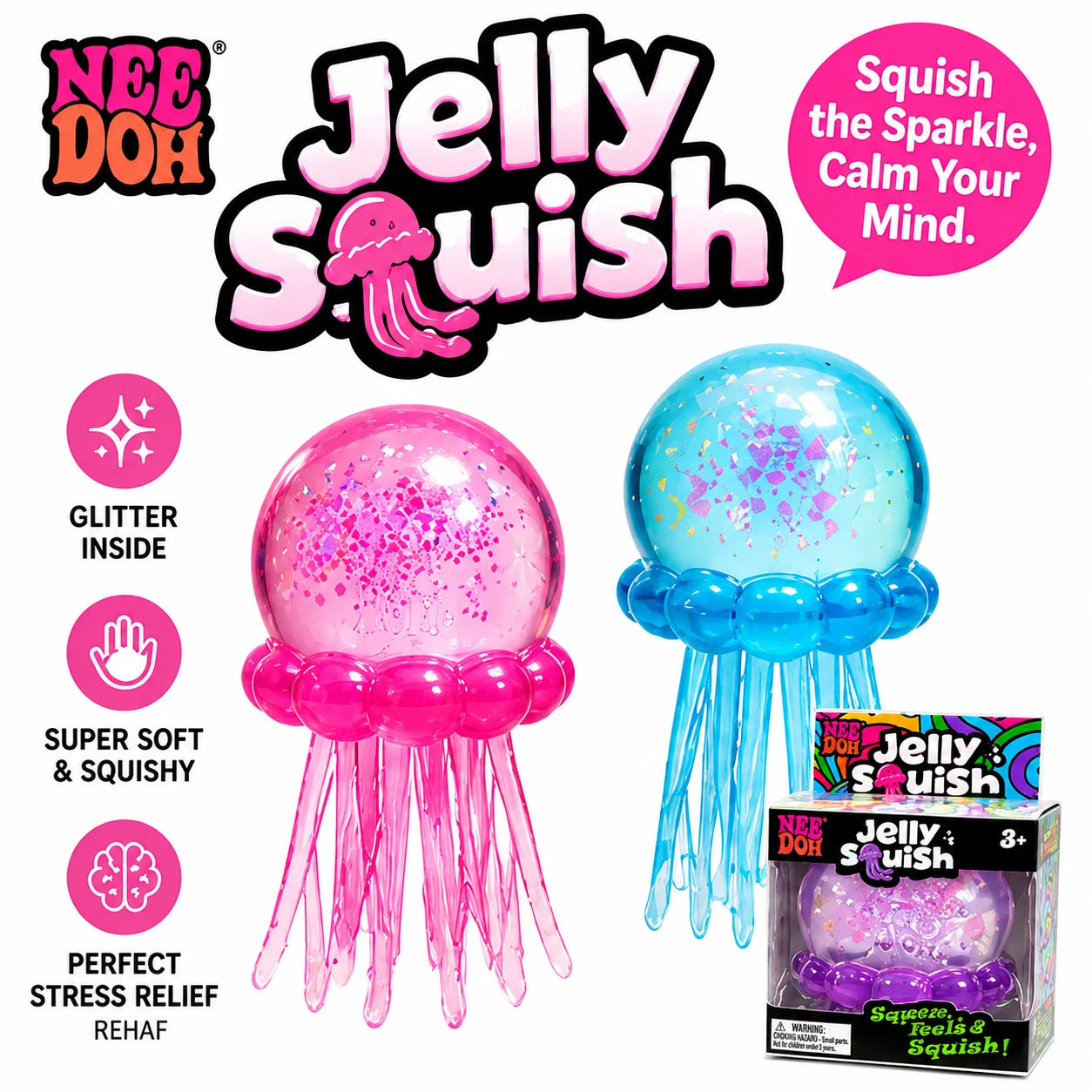 NeeDoh Jellyfish & Cube Squish Stress Relief Sensory Toy, Soft Gel Squeeze Toy for Kids and Adults