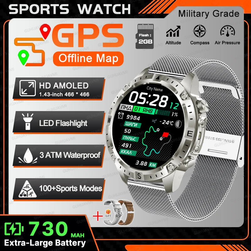 New TANK Military GPS Offline Map Smart Watch 730mAh 3 ATM Waterproof Sports Compass Heart Rate 2GB HD Bluetooth Call SmartWatch