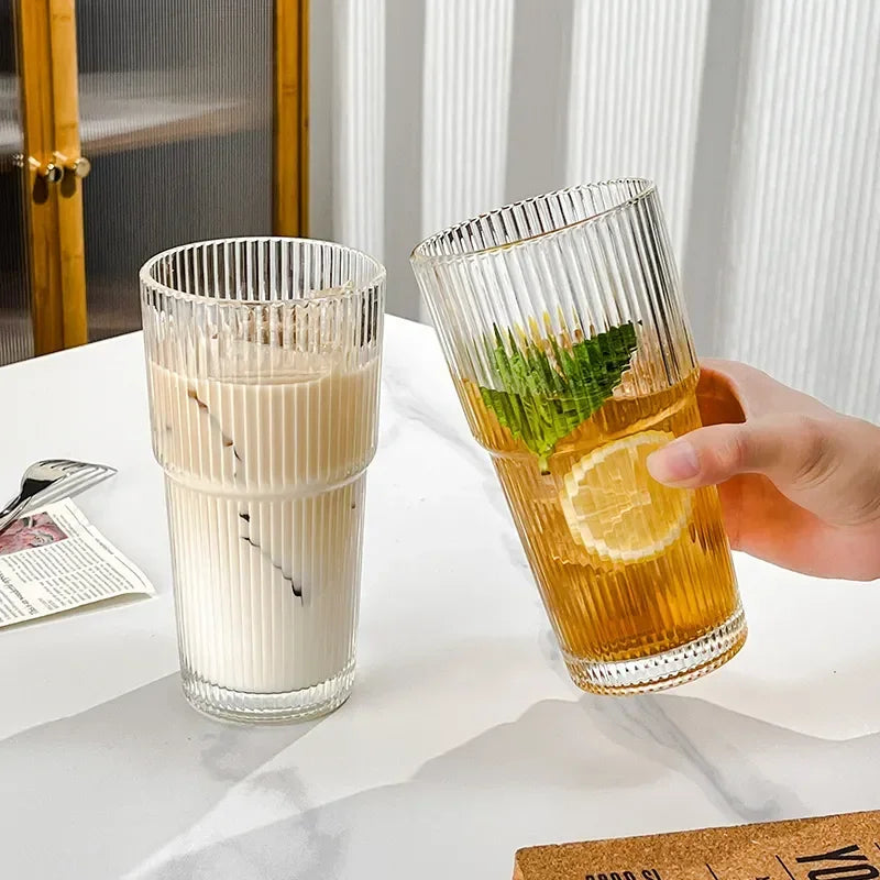 600ML Stripe Glass Coffee Cup with Lid and Straw Transparent Drinking Glasses for Juice Milk Tea Cups Iced Coffee Mugs Drinkware