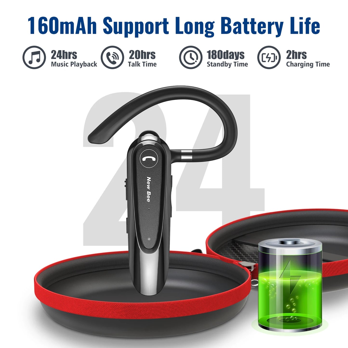 New Bee B45 Bluetooth Headset Wireless Earpiece for Driving Earphone with Dual Mic Earbuds CVC8.0 Noise Reduction Headphones