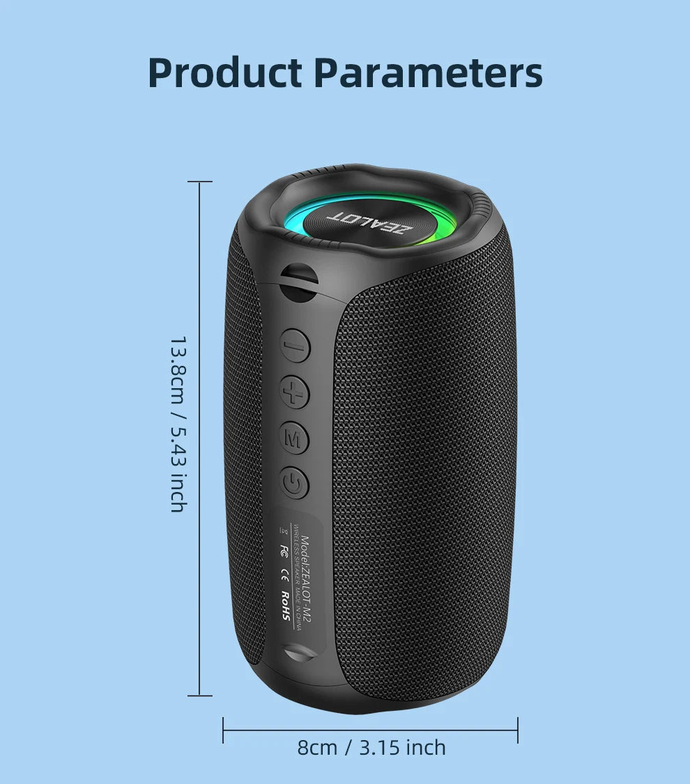 zealot-m2 Portable Bluetooth Speaker,IPX5 Waterproof 360° Wireless Speaker TWS Stereo Pairing 10hrs Playtime For Camping Hiking