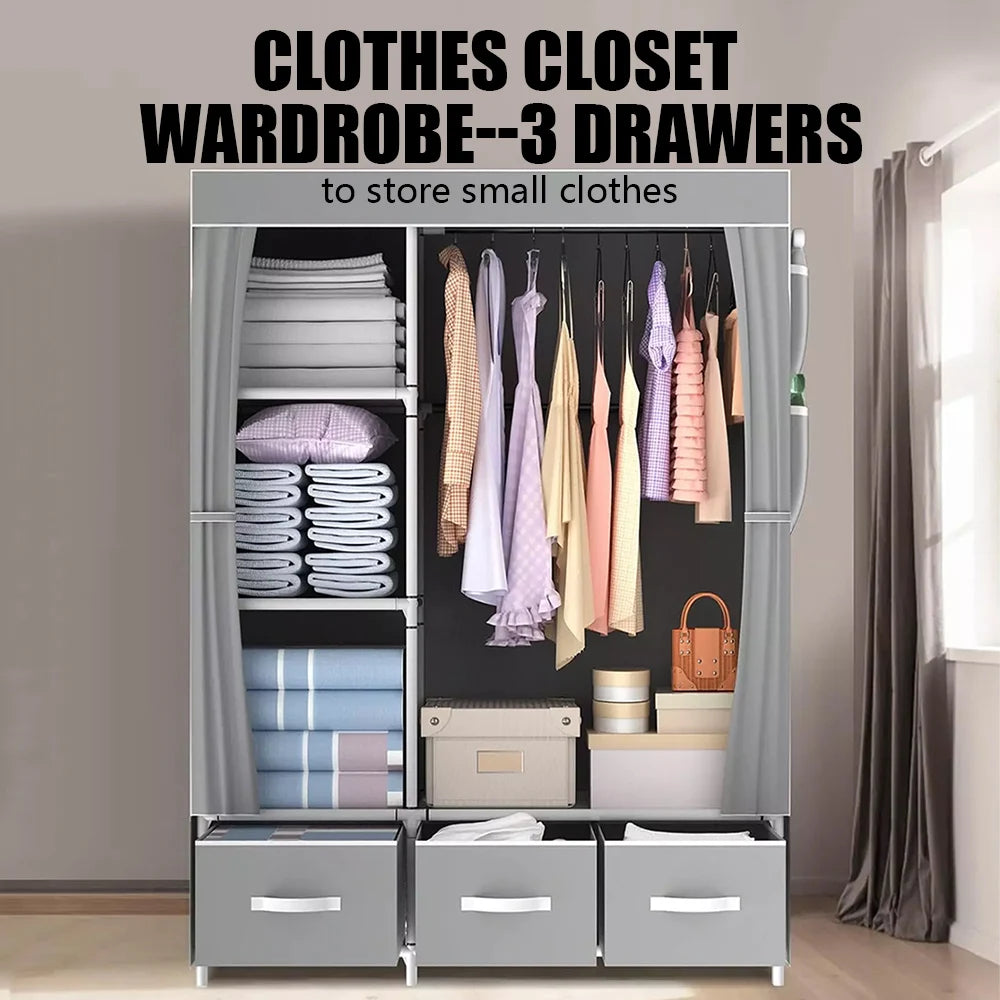 Canvas Wardrobe Clothes Closet Organizer Portable Storage Cupboard for Bedroom 105*45*163cm Fabric Closet