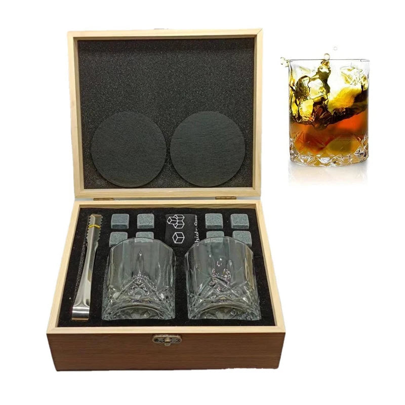 Set 8 Pcs Granite Ice Cubes+ 2 Pcs Cups For Whisky In Wooden Bottle Box Present For Dad Father'S Day Gift For Men Whiskey Stones