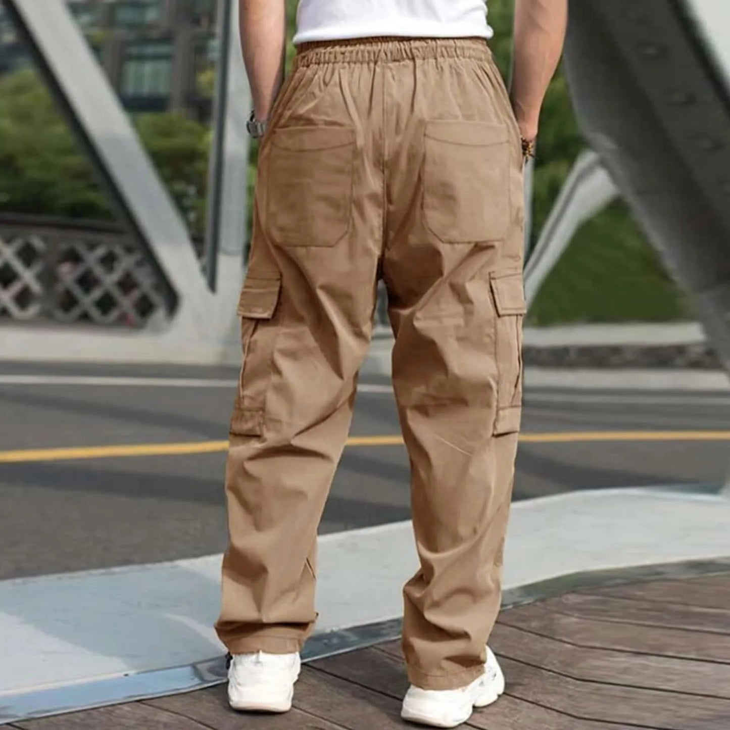 Men Loose Cargo Pants Summer Male High Elastic Waist Zip Pocket Straight Full Trousers BFDZ-A717