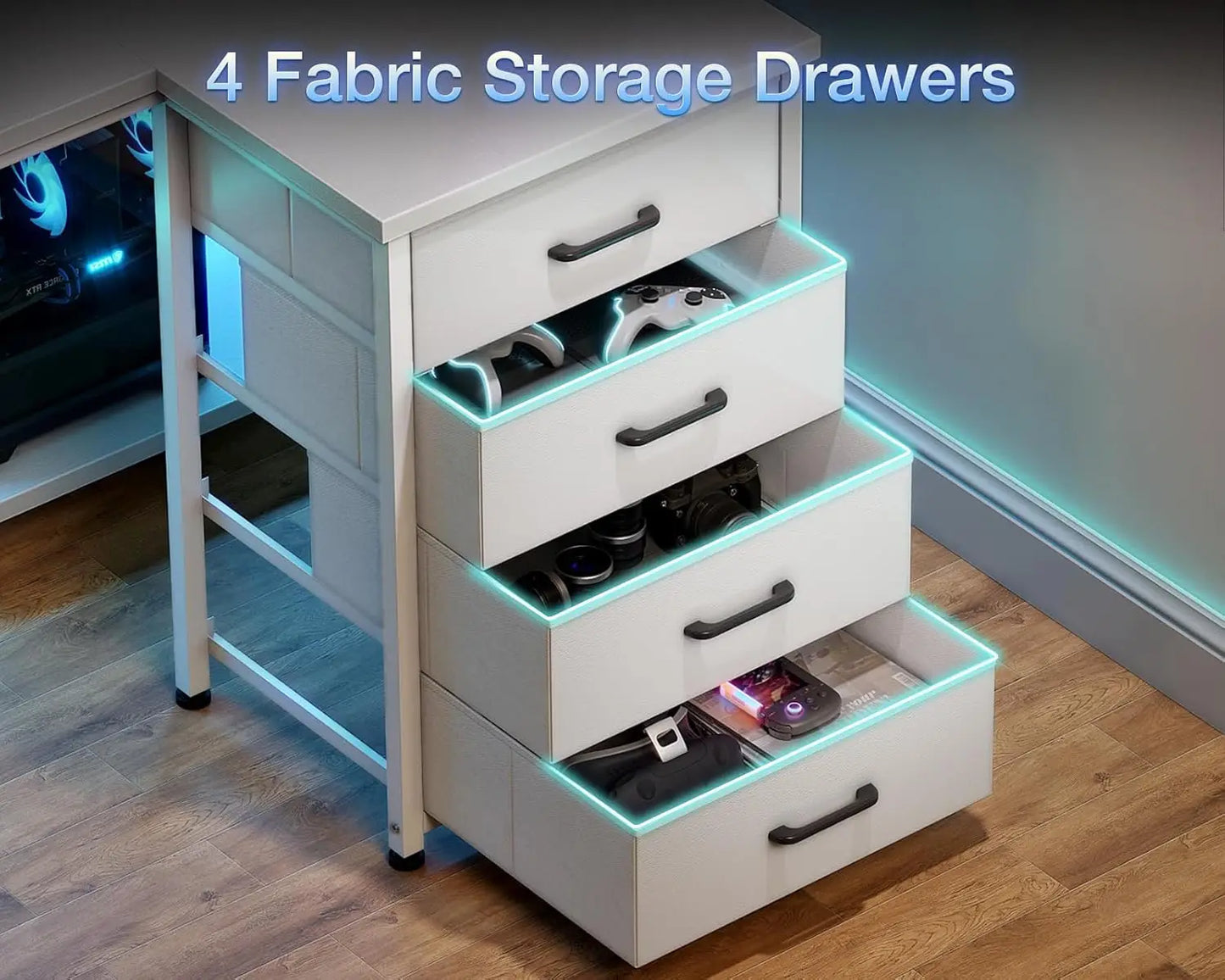 Coleshome L Shaped Gaming Desk with LED Lights & Power Outlets, 140x80cm Corner Computer Desk with Drawers, White