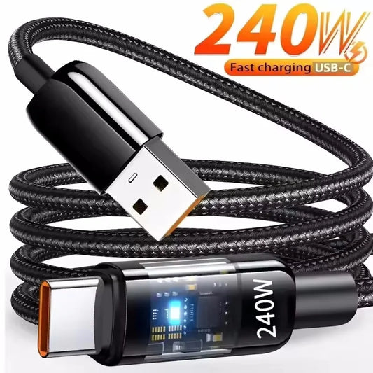 240W Nylon Cable USB Type C Super Fast Charging Cable For Samsung Xiaomi Huawei Honor LED Digital Display Fast Charger Data Cord