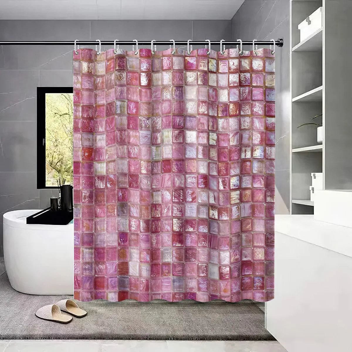 1pc pink ice block imitation simple printing waterproof partition privacy hanging curtain with 12 hooks, multiple sizes