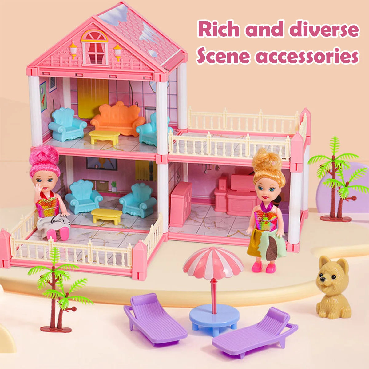 Girl Doll House Toy 3d Assembly Dollhouse Diy Mini Toy Accessories Villa Princess Pink Castle Children Pretend Birthday Gift