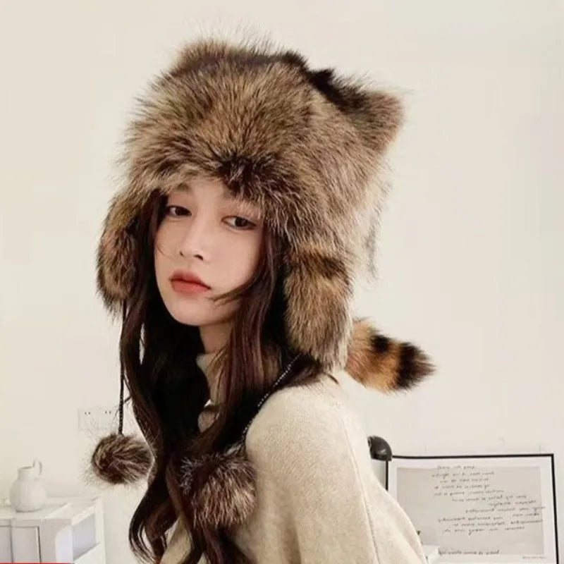 trend Raccoon imitateFur Cap Tail Women imitateNatural Raccoon Fur Caps Ushanka Hats for Winter Thick Warm Ears Fashion