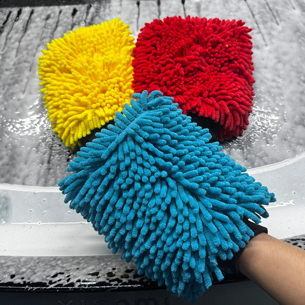 AUTOBRIGHT Oversized Double Sided Chenille Car Wash Mitt Red Blue Yellow Ultra Soft Professional Tool DIY Car Exterior Cleaning