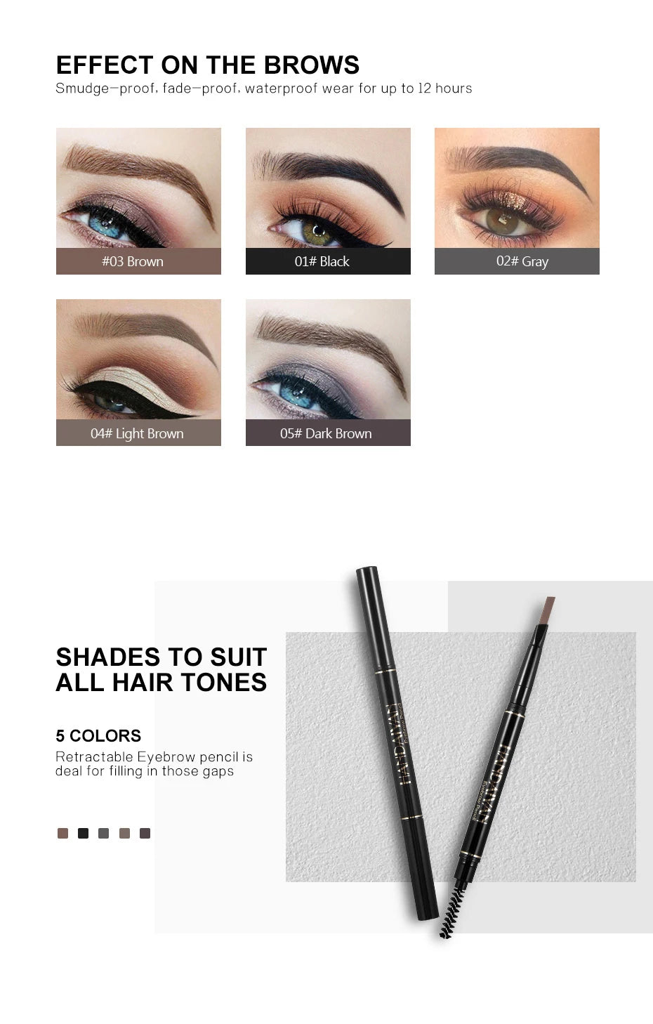 HANDAIYAN Eyebrow Pencil Automatic Rotating Double Head Long Lasting Natural Waterproof 5 Color Triangle Eyebrow Pen Make Up
