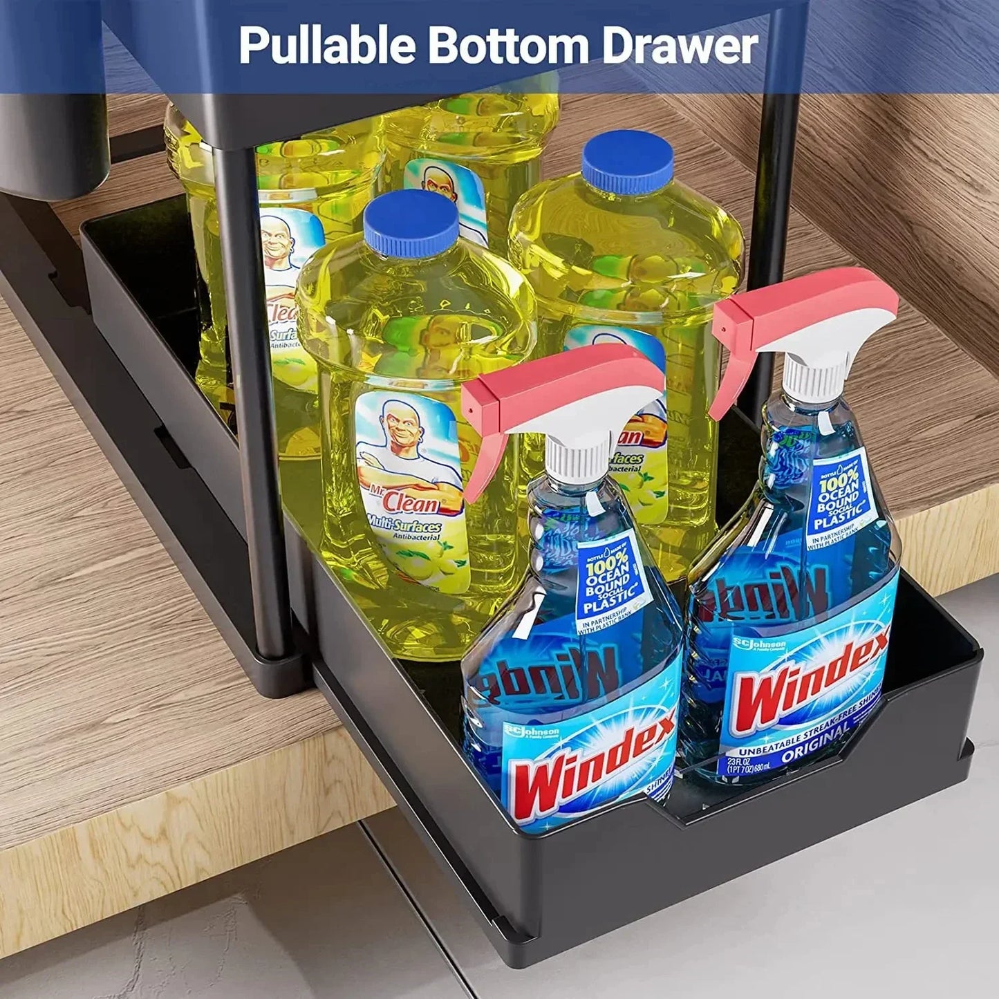 2-Tier Pull Out Under Sink Organizer, Storage Rack with Hooks & Cups, Space Saving Slide-Out Shelf for Kitchen Bathroom Cabinet