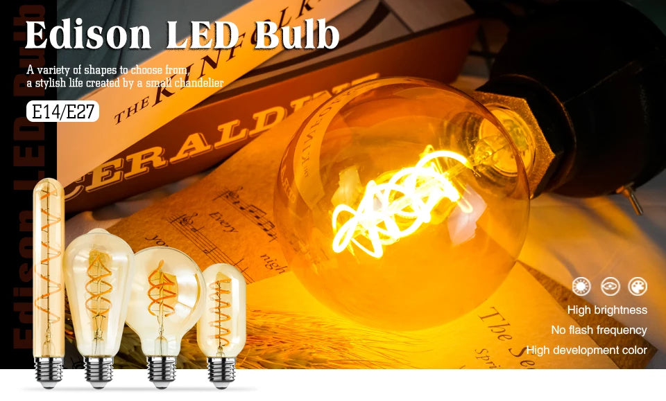 1-10pcs E27 E14 Retro Edison LED Filament Bulb AC 220V Spiral Light C35 G45 A60 ST64 G80 G95 G125 Glass Bulb Retro Candle Lamp