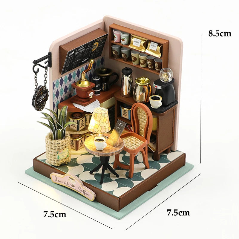 3D Puzzles Wooden Coffee Shop Mini Dollhouse Kit DIY Handmade Assembly Building Dollhouses Toys For Kids Birthday Gifts