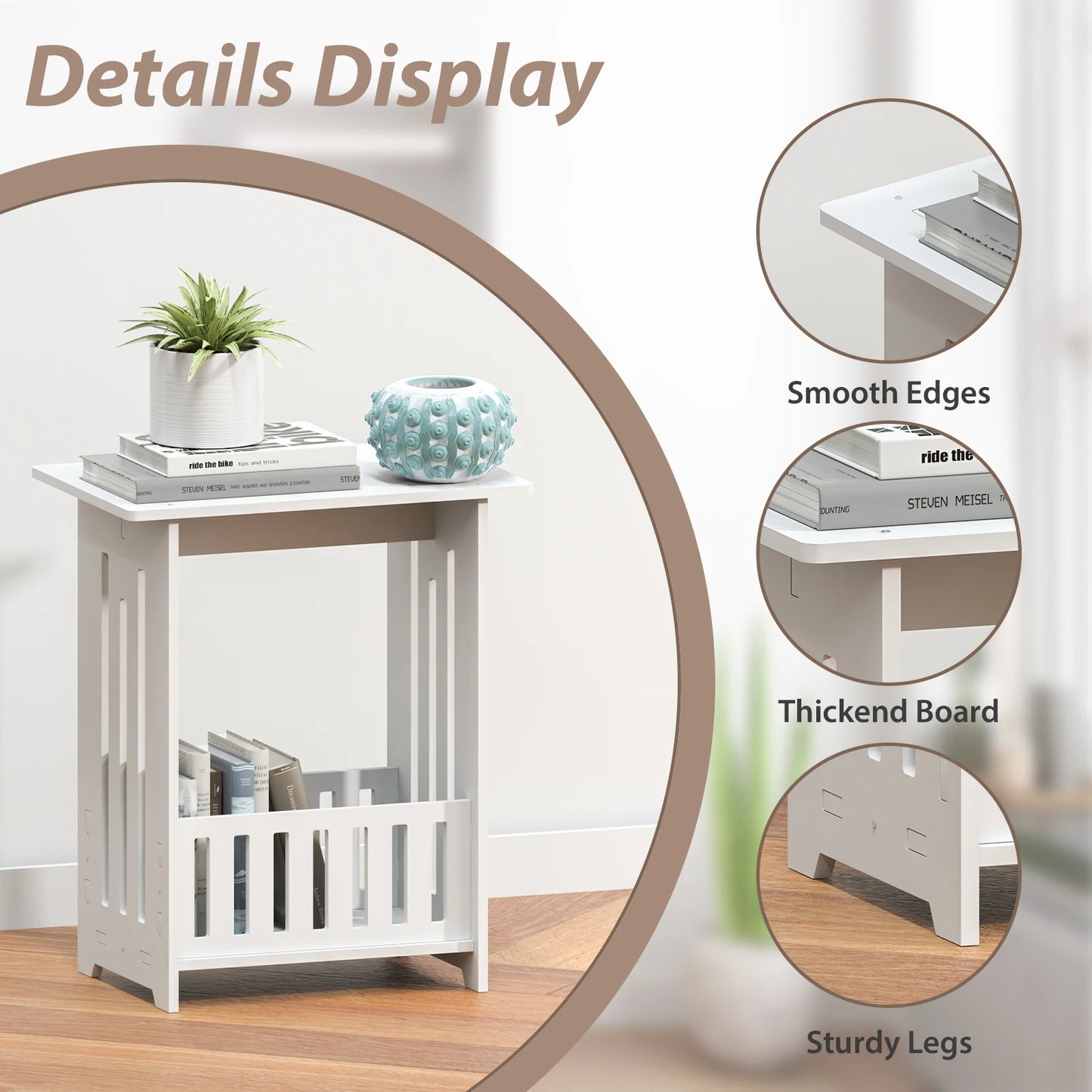 EFAN Bedside Table, White Modern Bedside Cabinet Nightstand Wooden Sofa Table Side Table, Small Narrow Side End Table Cabinet