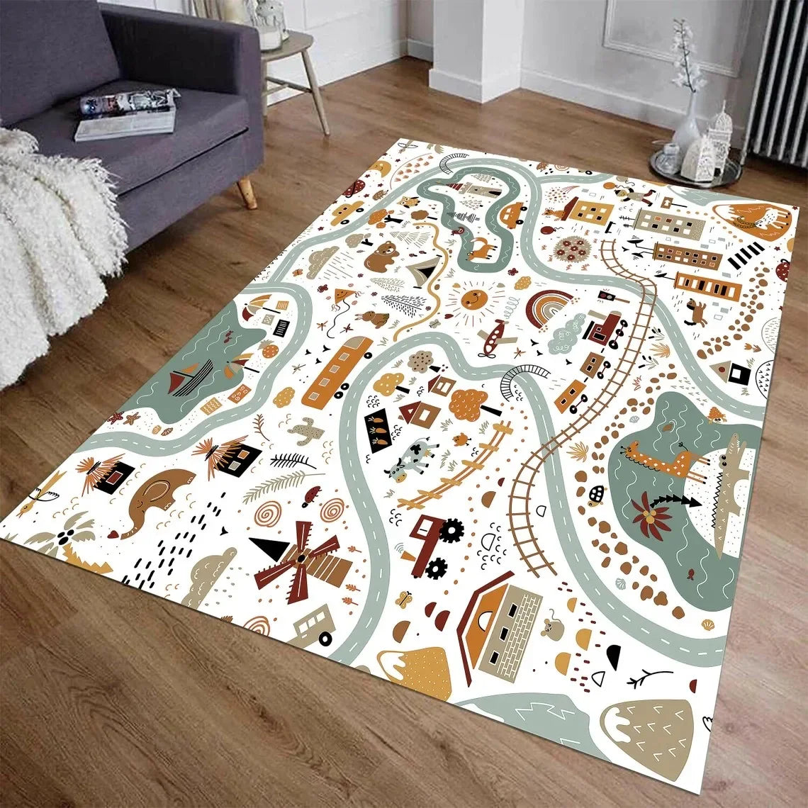 VIKAMA Cartoon City Transport Living Room Rug Children's Bedroom Playroom Mat Non-Slip Play Mat Crawling Mat Home Decor