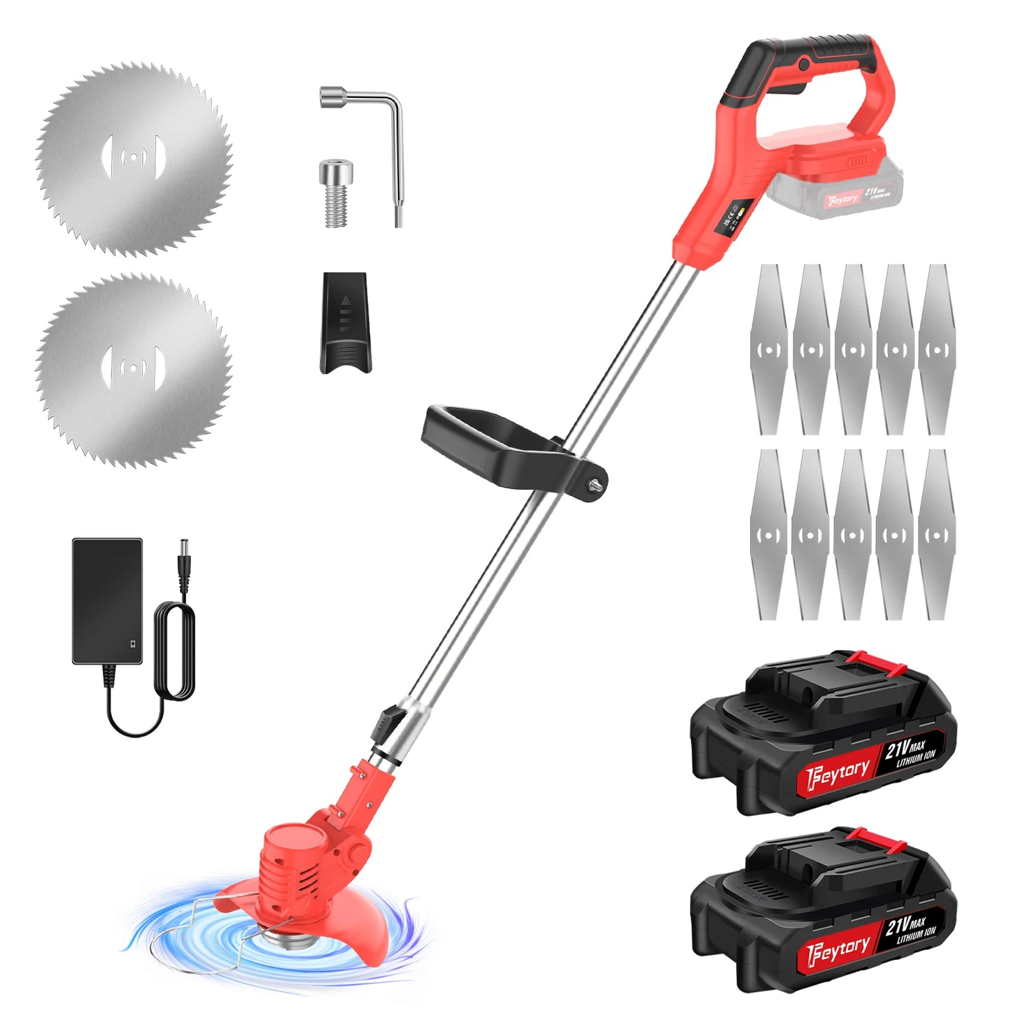 21V Cordless Weed Wacker 3 in 1 Rechargeable Weed Wacker Electric for Lawn Garden Yard,With Battery,Red