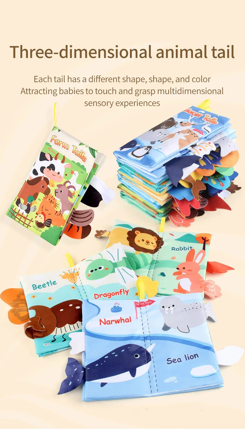 Baby Cloth Book Toys Cartoon Animals Tail  Educational Ringed Paper Cloth Book Toys Enlightenment Baby Toys 0-12 Months Gifts