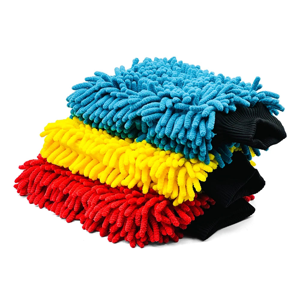 AUTOBRIGHT Oversized Double Sided Chenille Car Wash Mitt Red Blue Yellow Ultra Soft Professional Tool DIY Car Exterior Cleaning