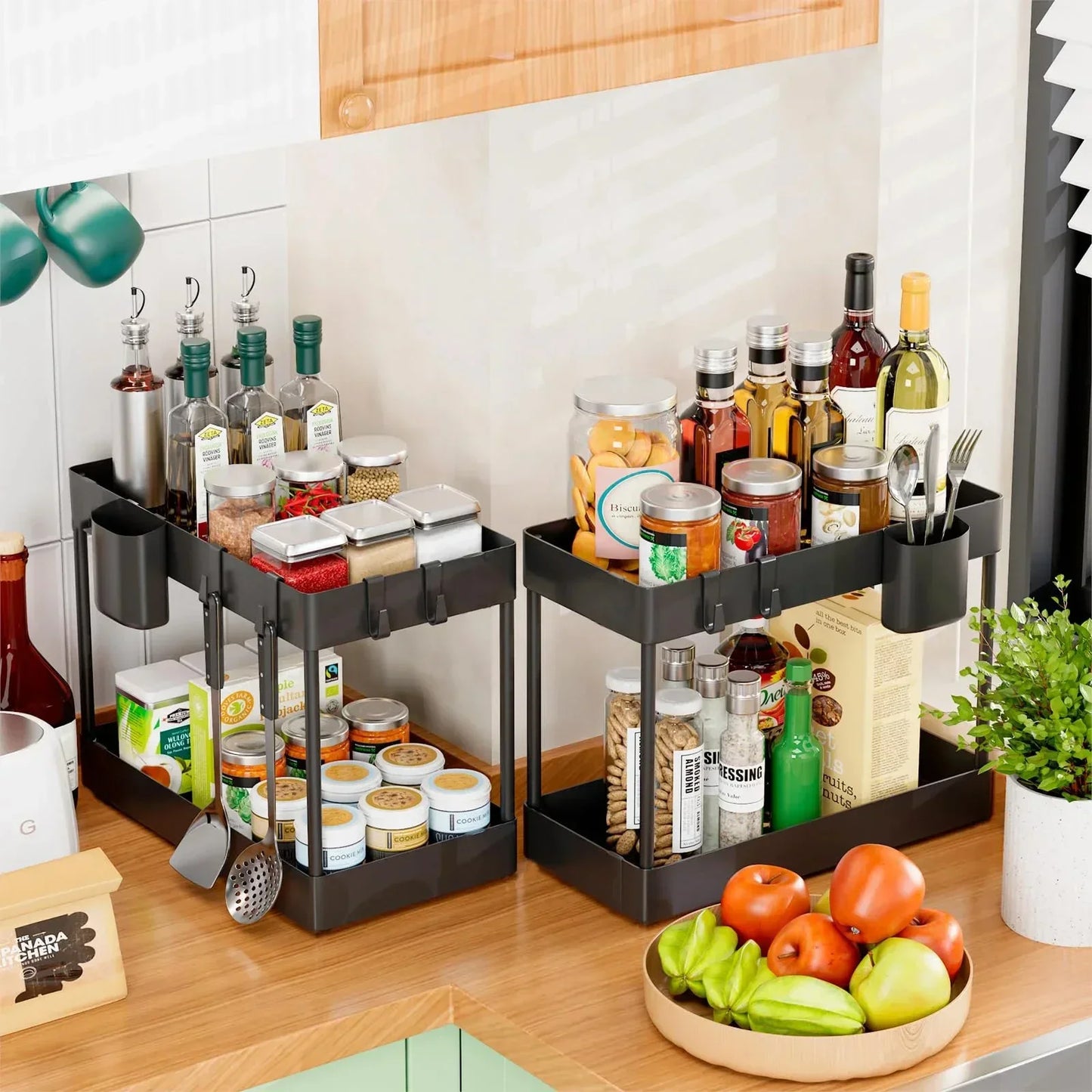 2-Tier Pull Out Under Sink Organizer, Storage Rack with Hooks & Cups, Space Saving Slide-Out Shelf for Kitchen Bathroom Cabinet