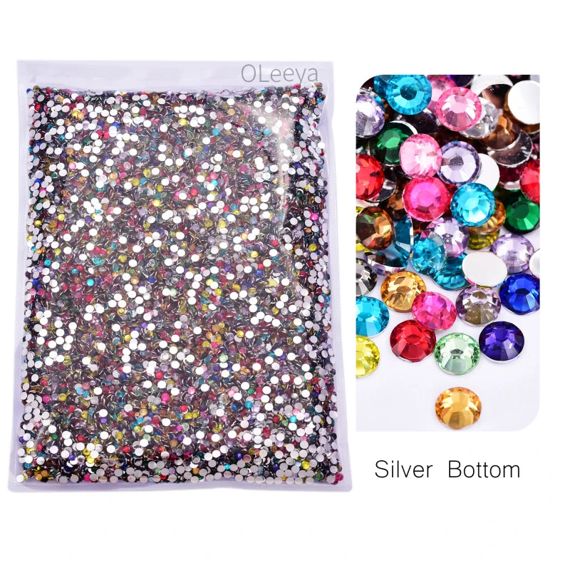 Oleeya Wholesale Flatback Silver bottom Resin Cтразы Non hotfix Rhinestones in Big Package Glitter Crystals and Strass For 네일파츠