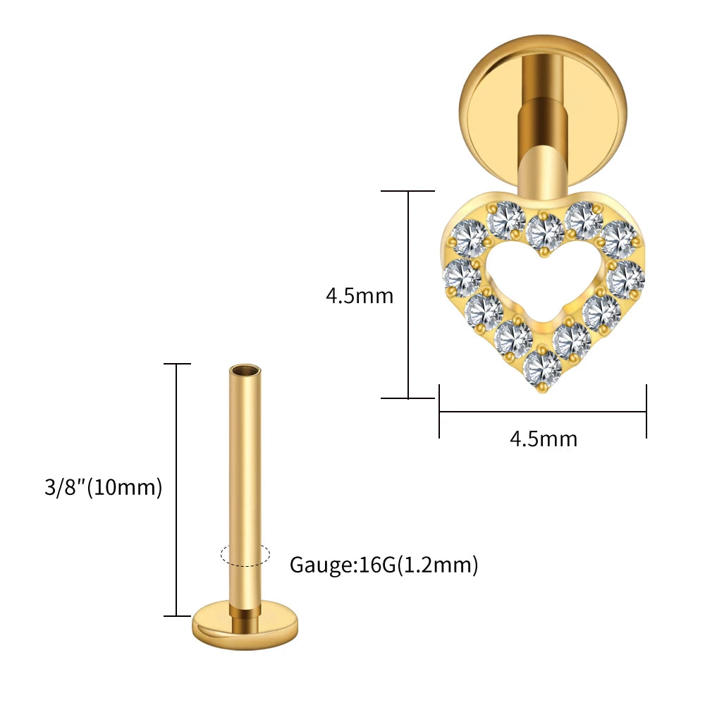 Right Grand ASTM F136 Titanium Mini Heart Cartilage Earring 16G Dainty Flat Back Labret Stud Tragus Helix Piercing Jewelry