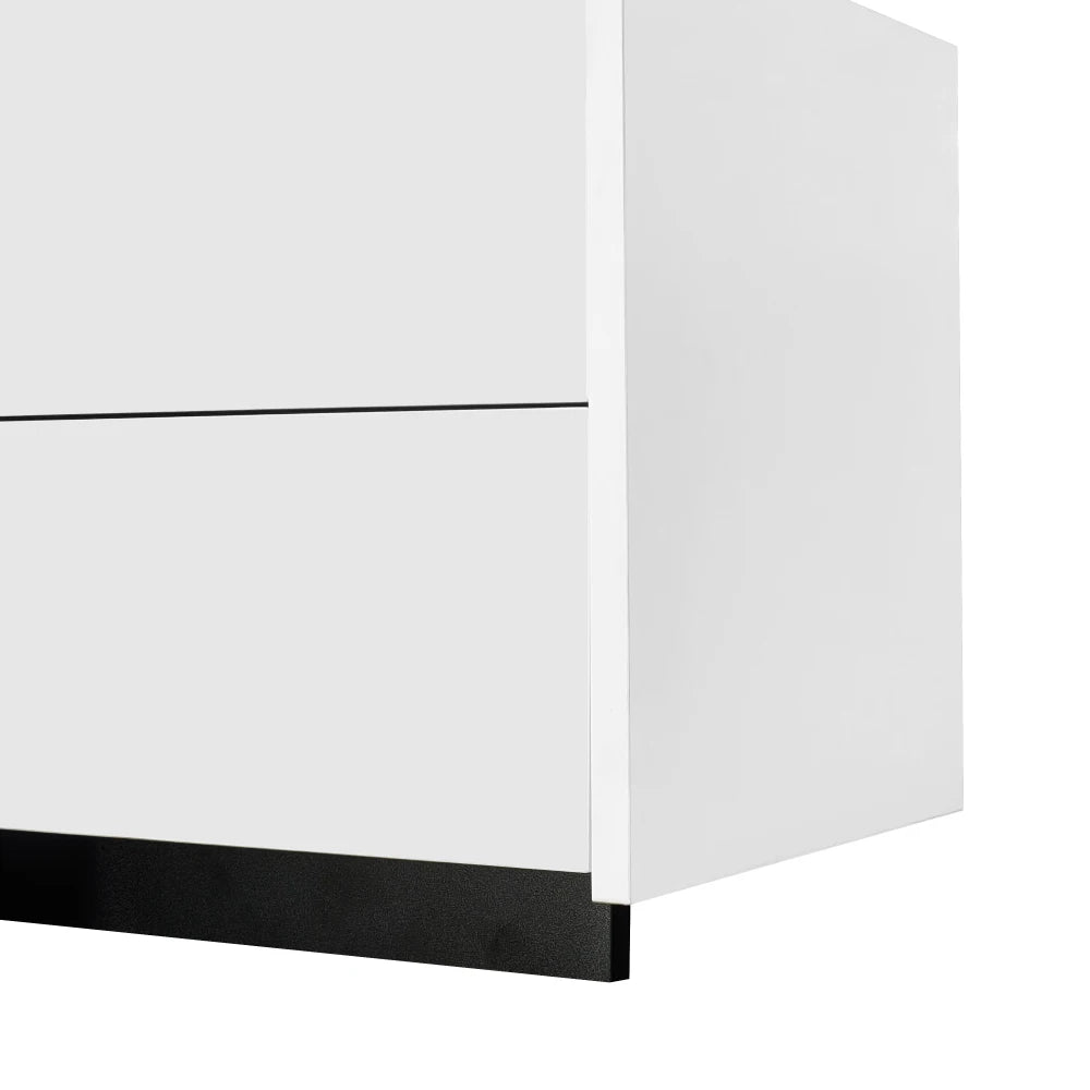 PINGGO TV cabinet, white high-gloss cabinet and black contrasting table legs, with simple cabinet doors and drawers.