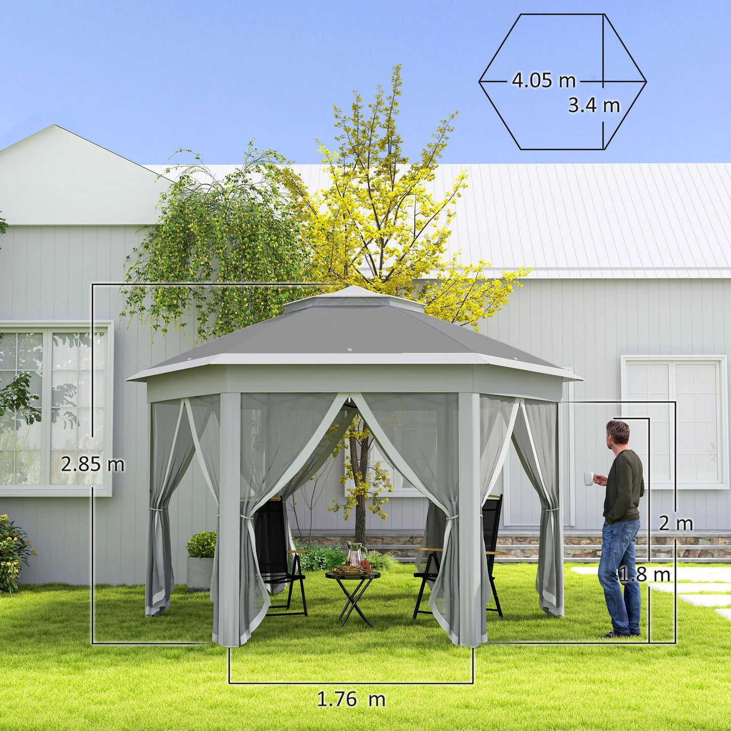 Outsunny 3 x 4m Garden Gazebo Hexagon Pop Up Party Tent Canopy Double Roof Instant Shelter with Netting and Carry Bag，Dark Grey